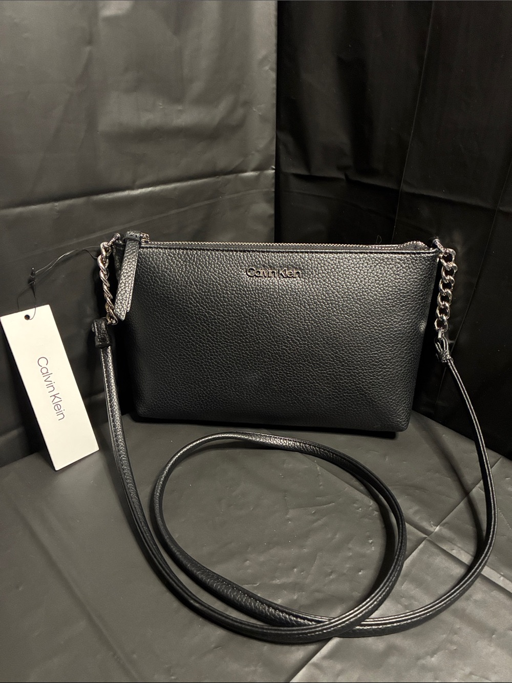 Calvin Klein Black Pebbled Leather Crossbody with Chain Strap
